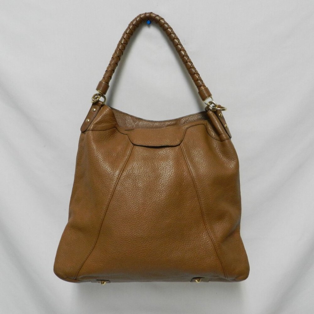 Pure Collection pebbled Leather large hobo bag purse brown zip top Braided Strap